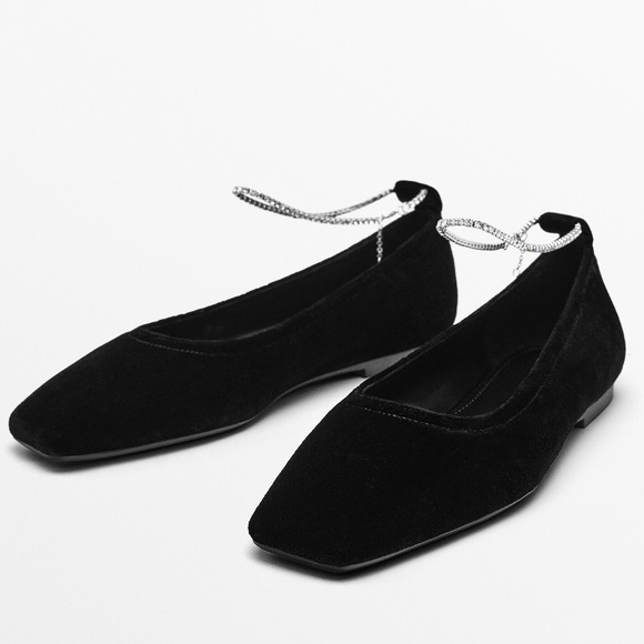 NWT Massimo Dutti Ballet Flats Square Toe Rhinestone Ankle‎ Strap Black Velvet 5 - Picture 1 of 10